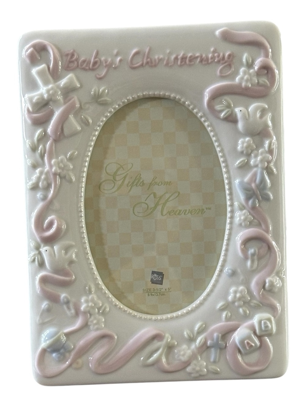 Russ Baby's Christening Pink and White Ceramic Picture Frame